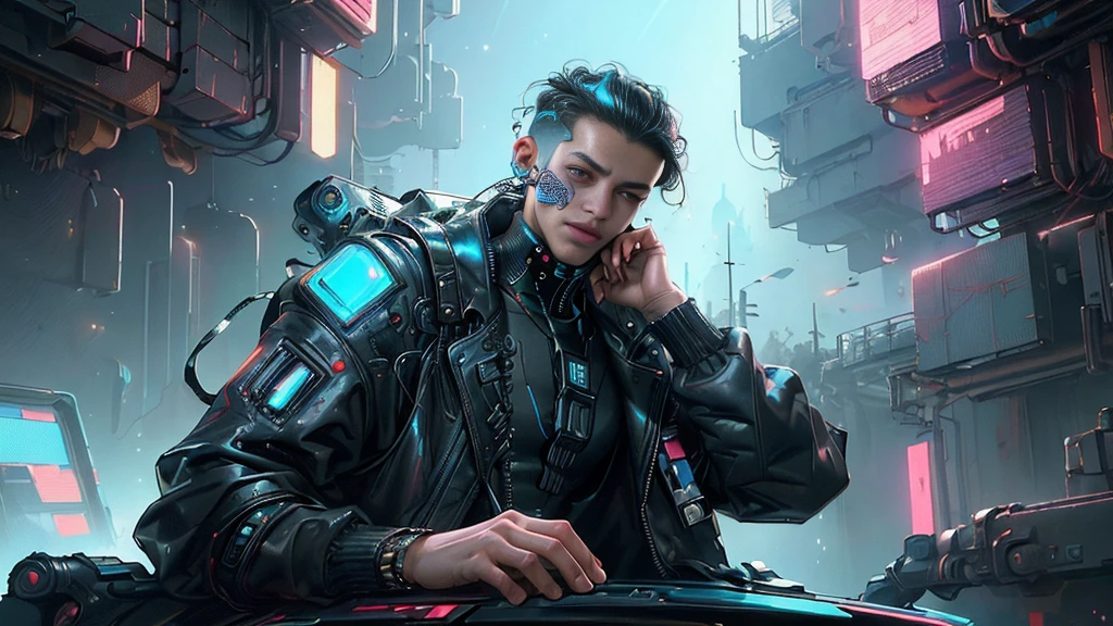 Tech boy,(quality、8K、32K、masterpiece、north african free trade area:1.3)、(Ultra-high realism:1.4)、Original photography,perfect  eyes,Charming perfect figure,upper body image、actionpose:1.2,Detailed cyberpunk fashion、Cyberpunk world,depth of fields,The background is blurred out,、Space astronauts