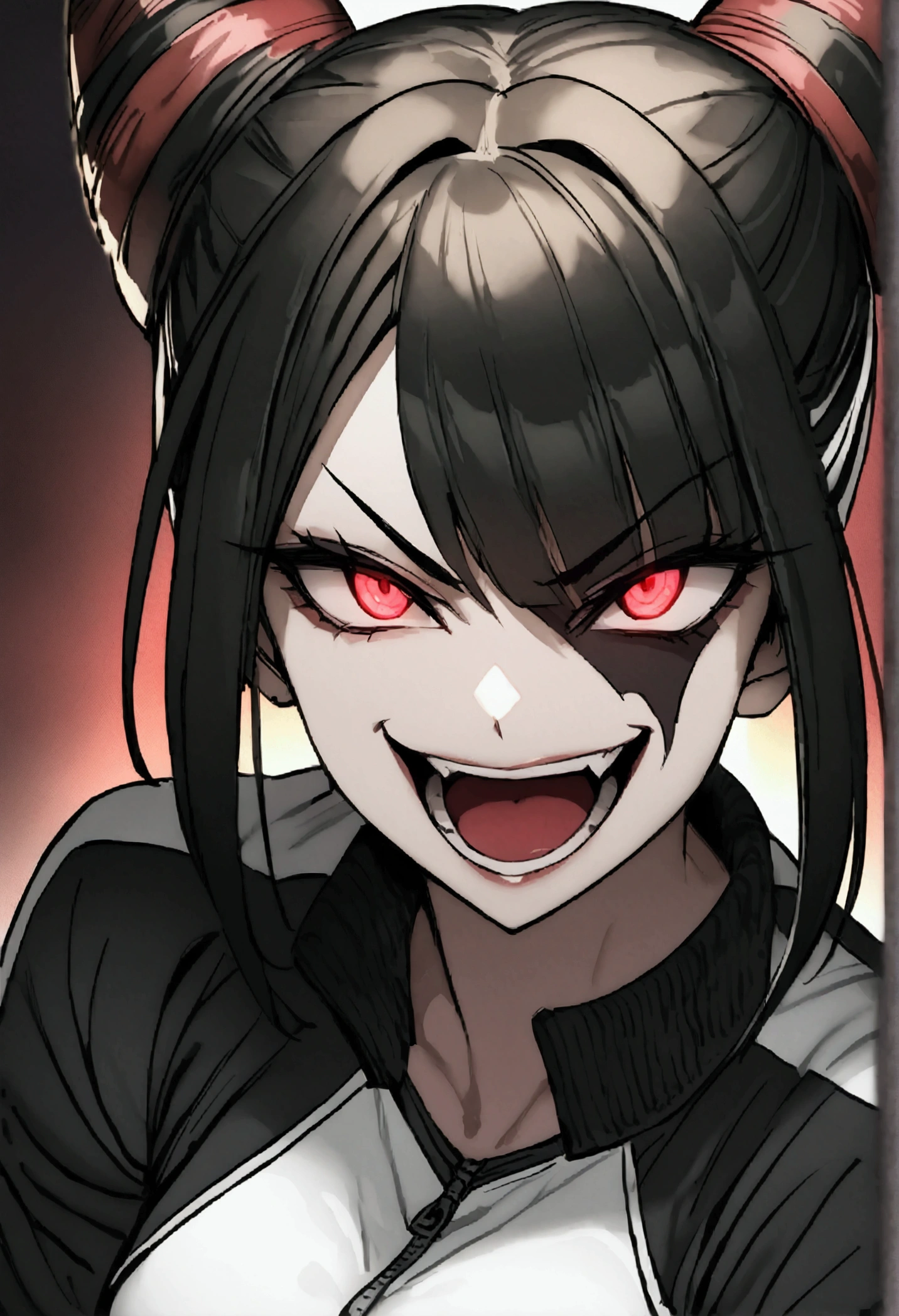 dark eye shadow,shining eyes,beautiful young fitness woman with , in a gym wearing May with black pantyhose, white and black gym jacket. standing alone,hair horns,red eyes glowing,Evil smile,legging preto ,labiaa,dark eye shadow,shining eyes,close up,open mouth with big evil smile