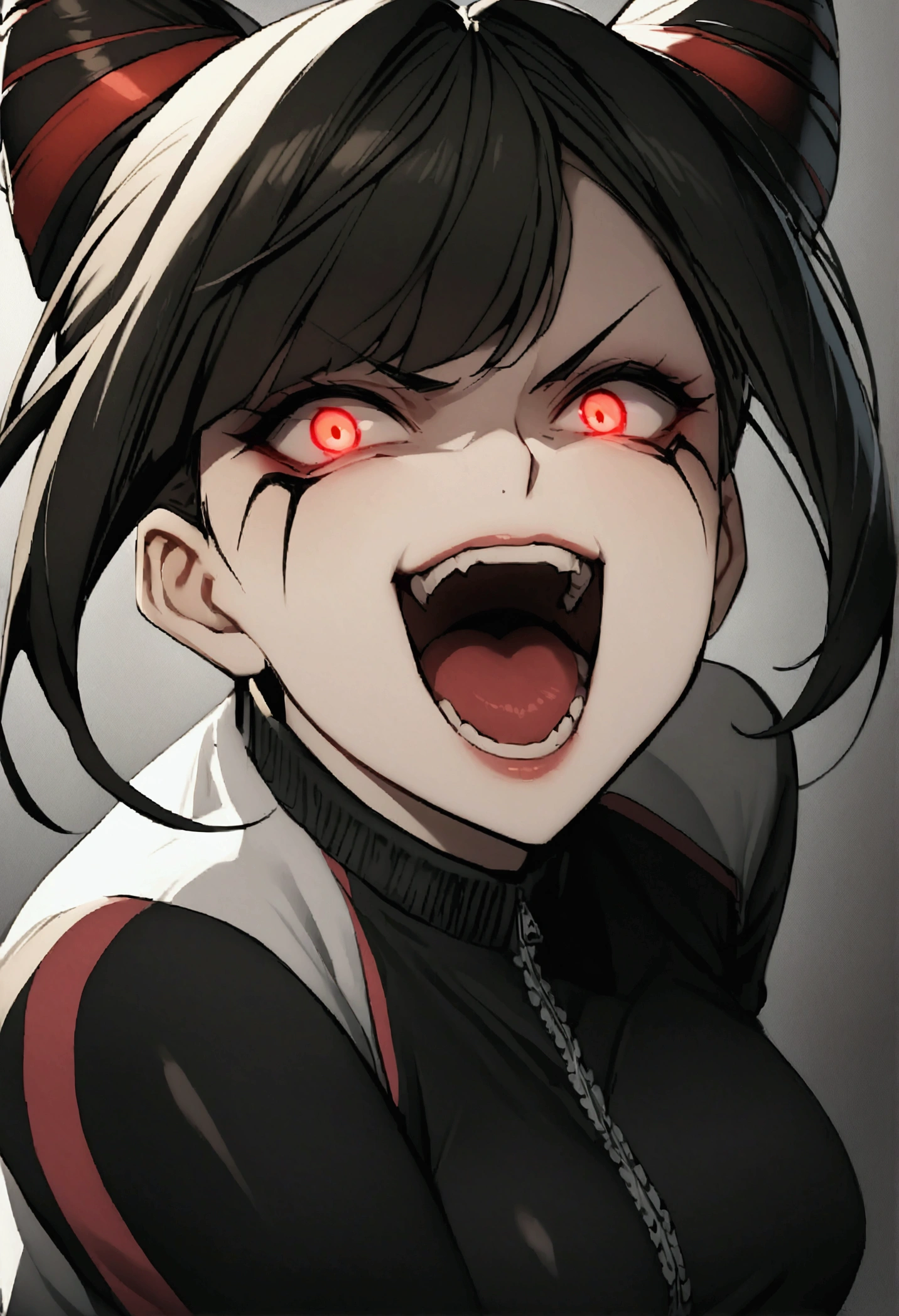 dark eye shadow,shining eyes,beautiful young fitness woman with , in a gym wearing May with black pantyhose, white and black gym jacket. standing alone,hair horns,red eyes glowing,Evil smile,legging preto ,labiaa,dark eye shadow,shining eyes,close up,open mouth with big evil smile