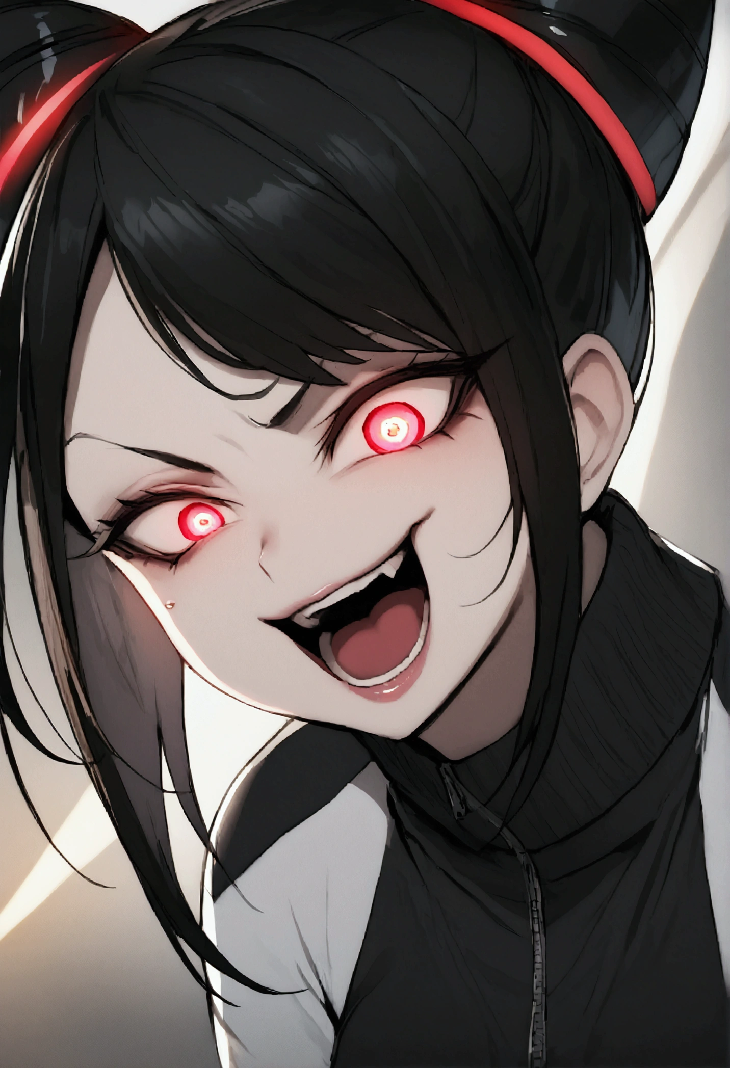 dark eye shadow,shining eyes,beautiful young fitness woman with , in a gym wearing May with black hose, white and black gym jacket. standing alone,hair horns,red eyes glowing,Evil smile,legging preto ,labiak eye shadow,shining eyes,close up,open mouth with big evil smile