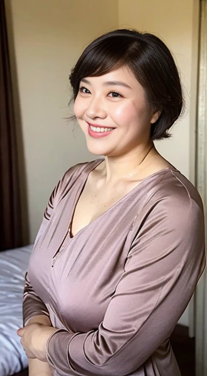 super high quality, Background Blur, In a hotel room, gravure, Look forward, 55 years old, ，Fat belly，Very plump, From the chest up, masterpiece, Highest quality, Very detailed, Realistic, Ultra-dense skin, Perfect Anatomy, Plump Mature Woman, Wrinkles around the eyes, , Big Breasts, In underwear, A shy toothy smile, Chubby, Glamour, sexy, Pure white skin, Looking at the audience,