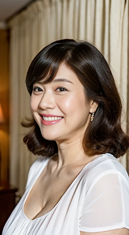 super high quality, Background Blur, In a hotel room, gravure, Look forward, 55 years old, ,Fat belly,Very plump, From the chest up, masterpiece, Highest quality, Very detailed, Realistic, Ultra-dense skin, Perfect Anatomy, Plump Mature Woman, Wrinkles around the eyes, , Big Breasts, In underwear, A shy toothy smile, Chubby, Glamour, sexy, Pure white skin, Looking at the audience,