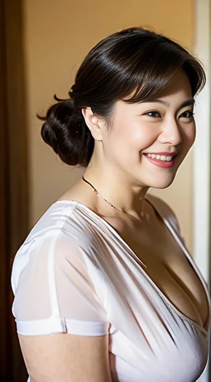 super high quality, Background Blur, In a hotel room, gravure, Look forward, 55 years old, ，Fat belly，Very plump, From the chest up, masterpiece, Highest quality, Very detailed, Realistic, Ultra-dense skin, Perfect Anatomy, Plump Mature Woman, Wrinkles around the eyes, , Big Breasts, In underwear, A shy toothy smile, Chubby, Glamour, sexy, Pure white skin, Looking at the audience,
