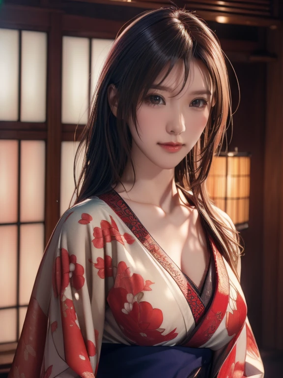 (photorealistic:1.4),highest quality,realistic, masterpiece, very delicate and beautiful, cg,very detailed ,High resolution, very detailed, 1 girl, Tifa_lock heart,beautiful detailed girl,whole body, realistic,kimono, beautiful detailed red eyes, light shines on your face, cinematic lighting,