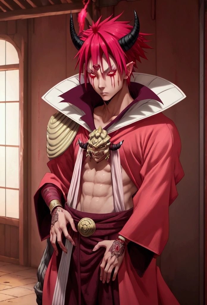 1 male demon with pink skin with very thin fire horns coming from the front of his forehead, ((fire hair)) ((with baggy clothes style oriental rpg world)) (perfect human eyes) work of art, best qualityer, (full viwer), bottom clean.