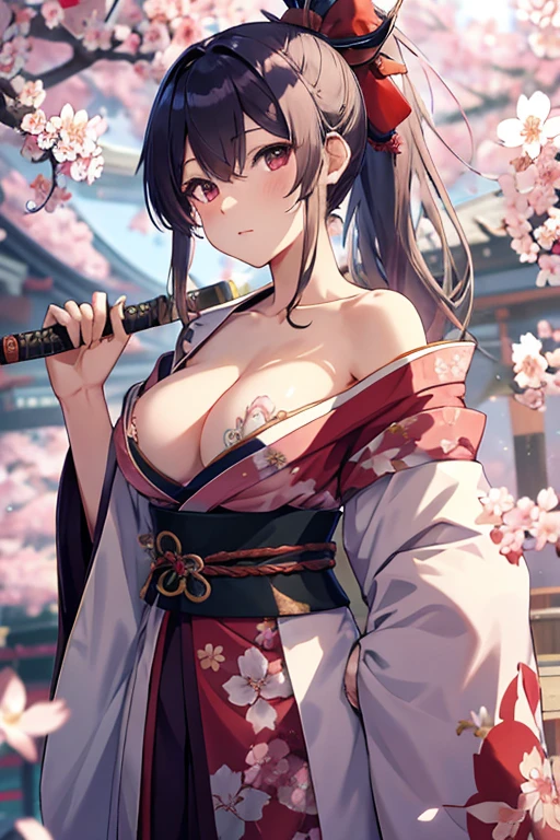 Kimono with fluttering chest、Cleavage、Shoulder Bare、No bra、Thighs、、Holding a Japanese sword in one hand、Beautiful Girl Swordsman((E Cup、Long silver hair、ponytail))、Cherry blossom background