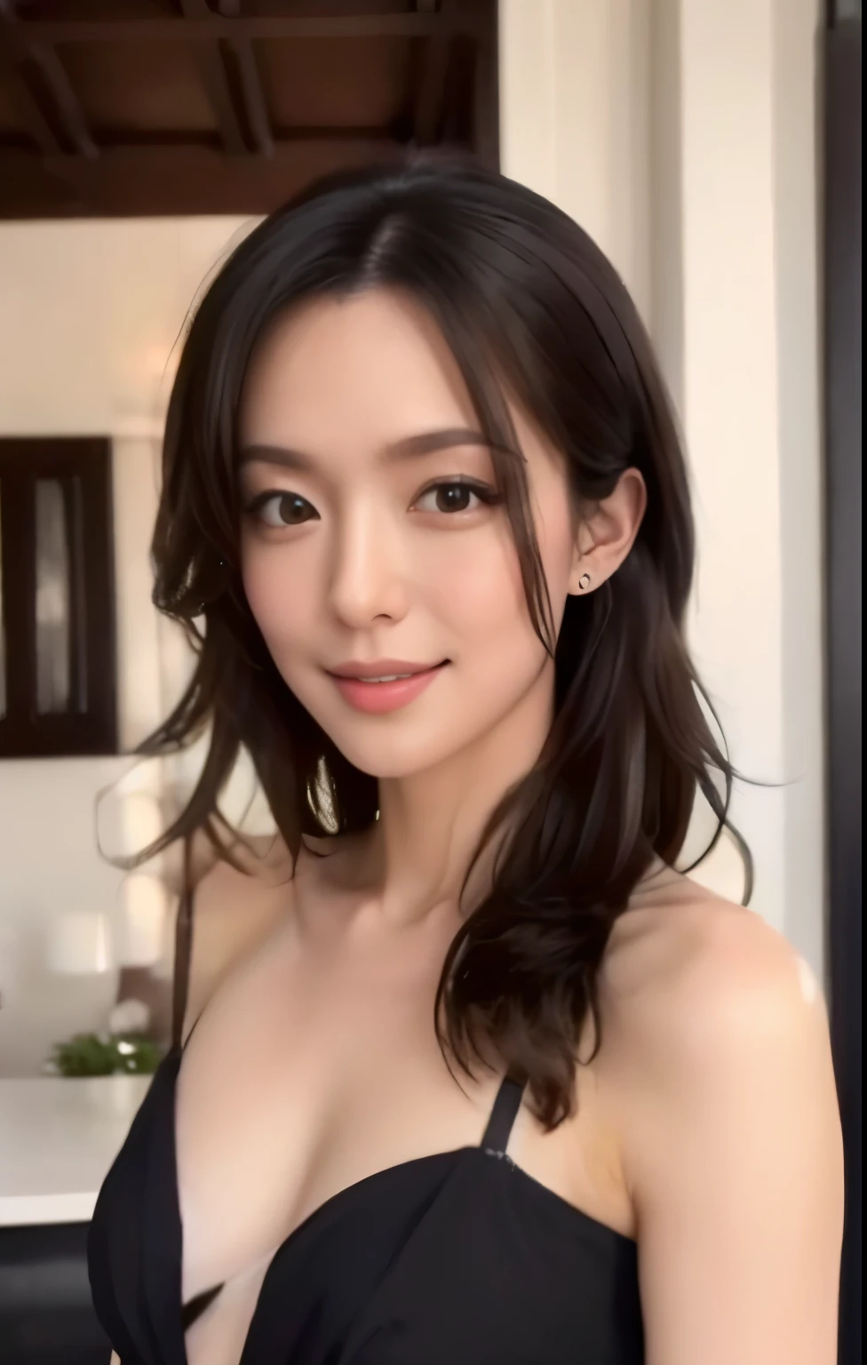 ((Best quality, 8k, Masterpiece :1.3)), 1girl, smiling, full body, slim face, Pretty woman, (Dark brown hair), The bikini :1.1, Ultra-detailed face, Detailed eyes, Double eyelid, blur background, slim face, city, outside, street,