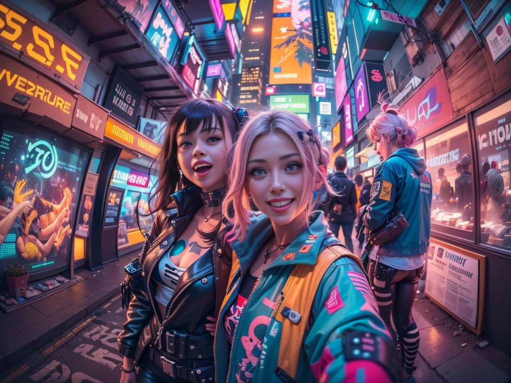 ((2 cyberpunk girls wearing colorful Harajuku style pop outfit)), ((((fisheye lens)))), cowboy shot, wind, messy hair, ((cyberpunk 2077 cityscape)), (cyberpunk aesthetics and atmosphere:1.3), bright colors, smiling, ((cinematic lighting))