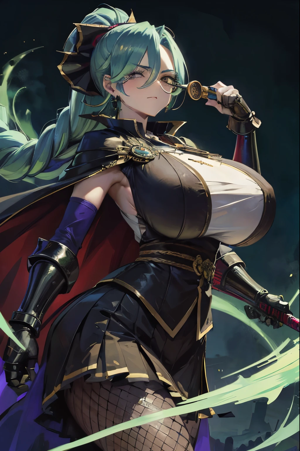 Highest quality, masterpiece, Ultra-high resolution, One Mature Woman,(gigantic breast:1.4),Bad look in the eyes,Ninja,tall,Grass-green hair,ponytail,Long Hair,Cape,A collar with a silver bell,Blue gemstone earrings,(Monocle:1.4),Flower Hair Ornaments,Braided Skirt,High exposure,Ninja costume,Gauntlets with swords,Clothes that emphasize the chest,front,Combat Ready,Fishnet tights,SFW,valley,Beauty