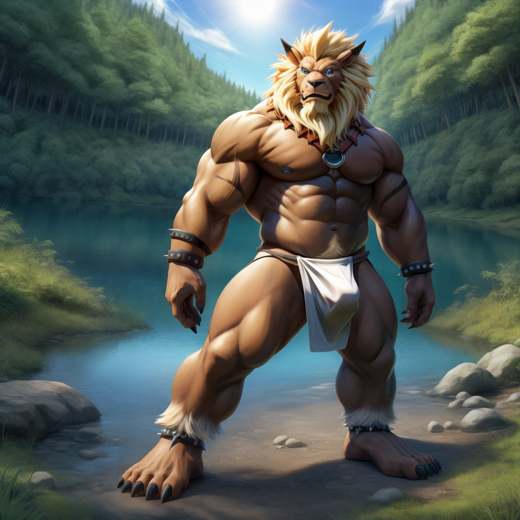 Furry, Kemono, Leon, Leomon, Digimon, solo, Bigg Ass, Male Bulge, masculine, Full body, Feet, Braided Mane, Black leather harness, Spiked Anklet, White fitted fundoshi, (white Fundoshi) , Green forest with lake, Blue Sky Background with Green Grass Meadow, (Anime Blue Eyes), High Resolution, 4K Detailed, Good Lighting, Beautiful, Photorealistic, Realistic, (japanese Fundoshi), (white thong), tail, Lion tail, black claw nails, Big Scar on left shoulder