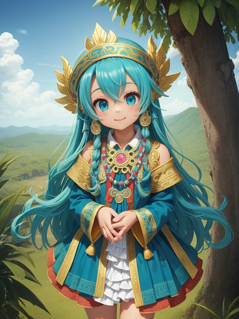 Childish, high quality、Very detailed、８Year、Mayan Aztec young priestess、Flying Feathered Serpent（Quetzalcoatl Kukulkan）look up at the sky and pray、Chichen Itza Forest Temple of the Sun、mysterious、whole body