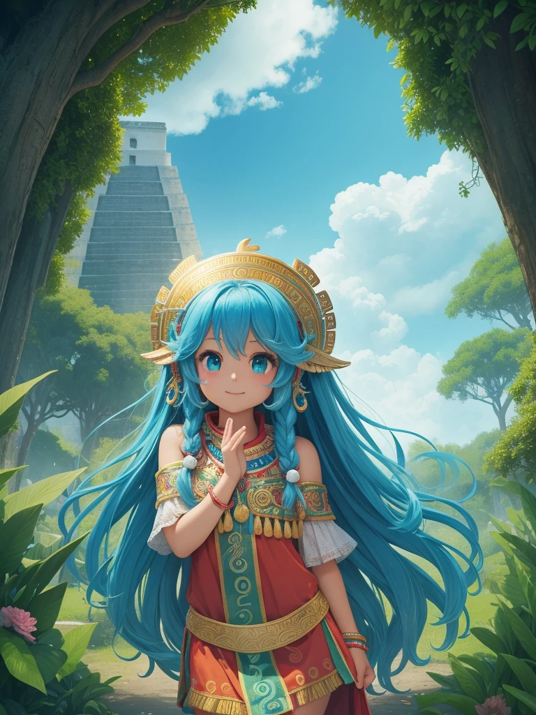 Childish, high quality、Very detailed、8Year、Mayan Aztec young priestess、Flying Feathered Serpent(Quetzalcoatl Kukulkan)look up at the sky and pray、Chichen Itza Forest Temple of the Sun、mysterious、whole body