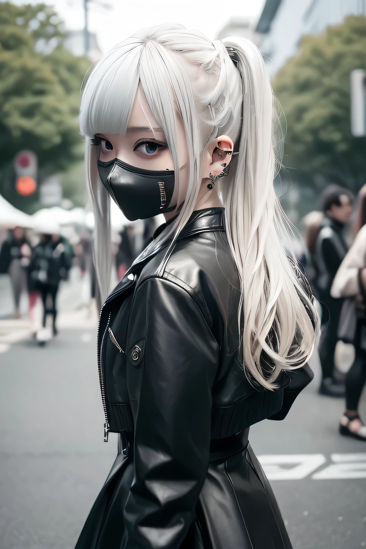 One girl, blonde twin-tail hair, wearing a black leatherjacket (shiny fabric, feels wet),leatherskirt、 lots of metal accessories, maskを付けている、((look at front))sunny park in the background.
