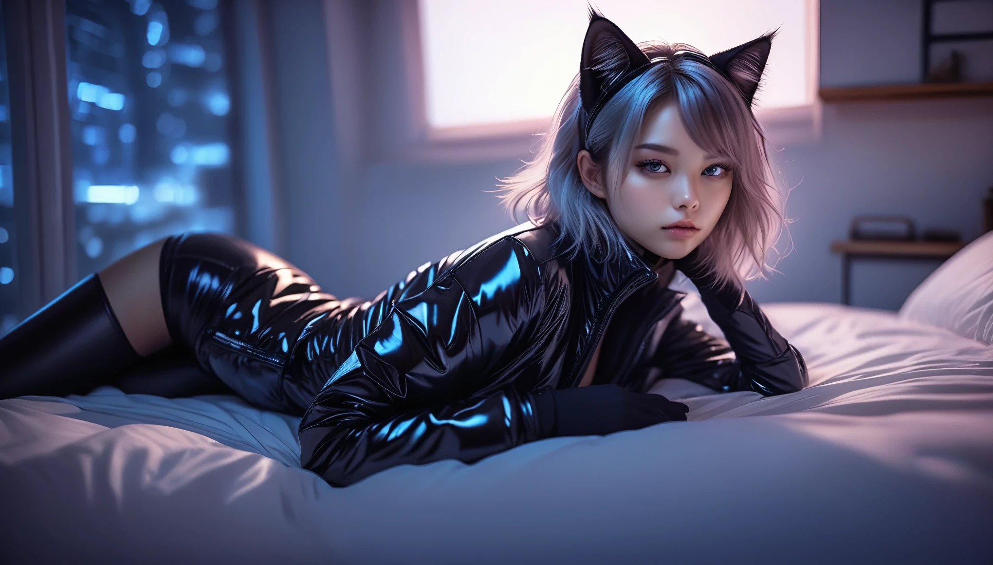 ((barely legal cat girl, with cat ears and choker, ((in an shiny open puffer with plunging neckline, wide cleavage, deep neckline)), small perky breasts, beautiful detailed eyes, beautiful detailed lips, small closed mouth, extremely detailed face, pale skin, random long hairstyle, small hips, next to a bed with silk sheets, fear on the face)), moody atmosphere, dramatic and random neon colors, futuristic setting, intricate details, night, backlight, full body shot, view from a distance, random pose