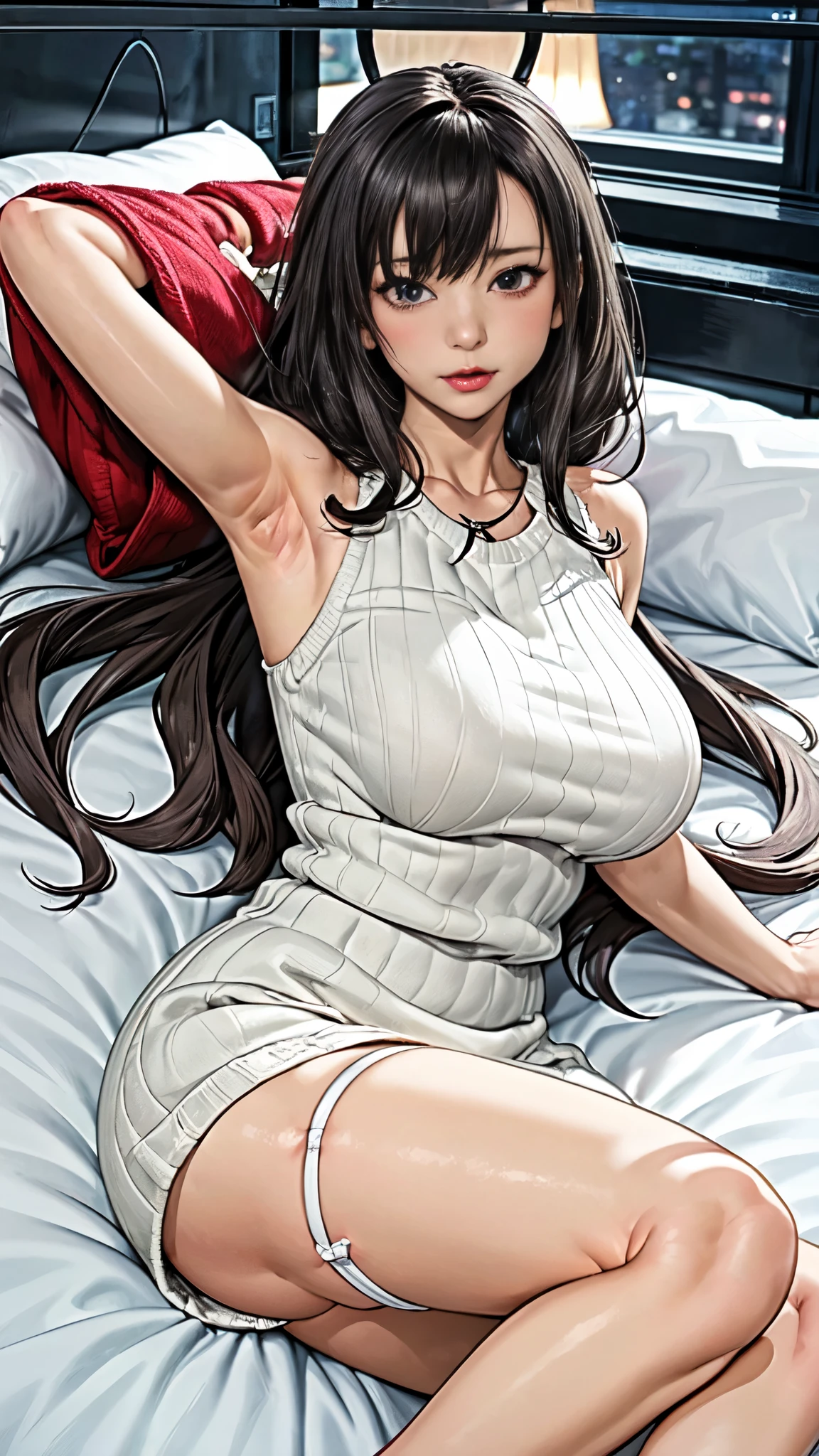 /(Bedroom /), Only one female, Mature Woman, /(V-neck sweater、 Ribbed sweater dress/), bangs, blush kind 笑face, (Masterpiece Top quality:1.2) delicate illustratiのsuperior ultra-detailed, Large Breasts、 (squeak_笑face), (Lying down), Spread your legs, arms_superior, Show your armpits,  ((how_のsuperior_face)), ベッドのsuperior、Bedroom、Mature Woman, Large Breastsの谷間、Late Night、Night room、Lights out、Without lights、Dimly lit room、garter belt & Fishnet tights