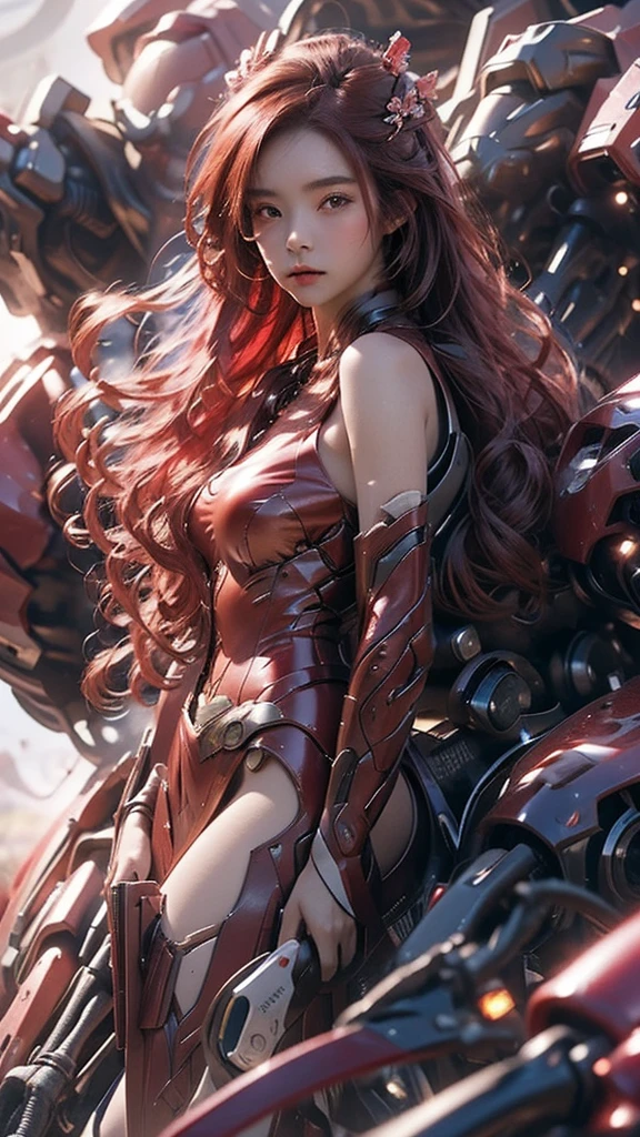 best quality,masterpiece,Ultra-high resolution,(photoactual:1.4),Volcanic rock background,beauty,noble,Phoenix Girl(Japanese Girls)18 years old,long red hair,Mid-chest,Phoenix dress,Floating,
