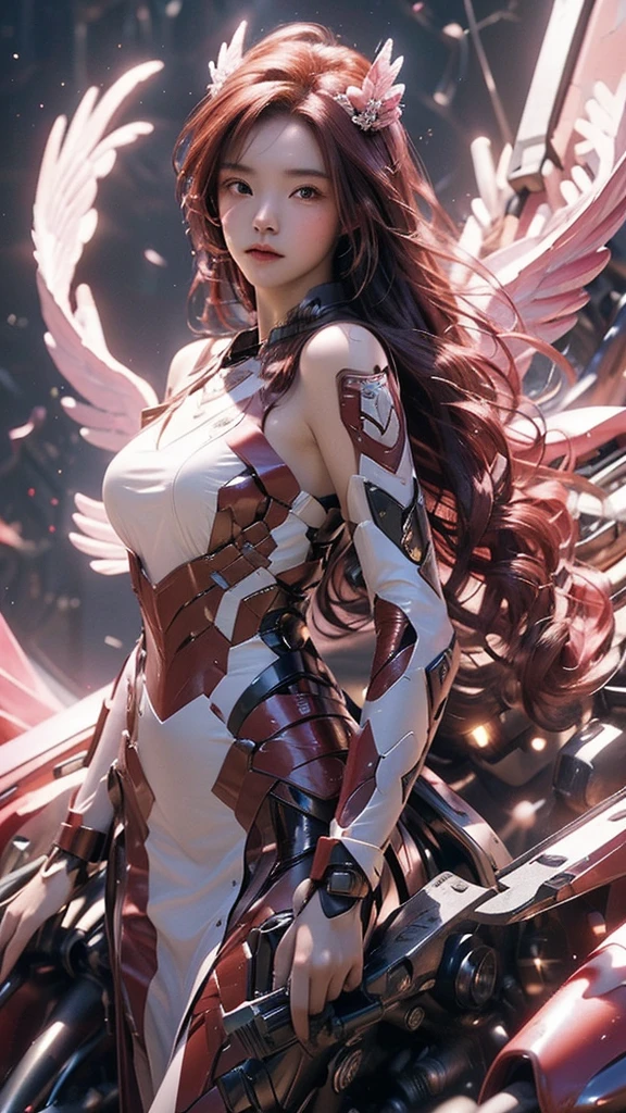 best quality,masterpiece,Ultra-high resolution,(photoactual:1.4),Volcanic rock background,beauty,noble,Phoenix Girl(Japanese Girls)18 years old,long red hair,Mid-chest,Phoenix dress,Floating,