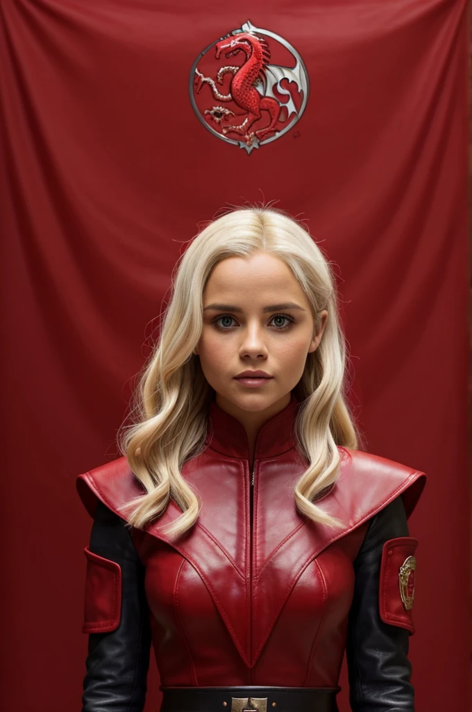 A red background with house Targaryen flag, platinum blonde hair, red leather dress, ((purple eyes)), [[victoria beckham]],[[kate beckinsale]],[[[emilia clarke]]] [Jenna Coleman] 