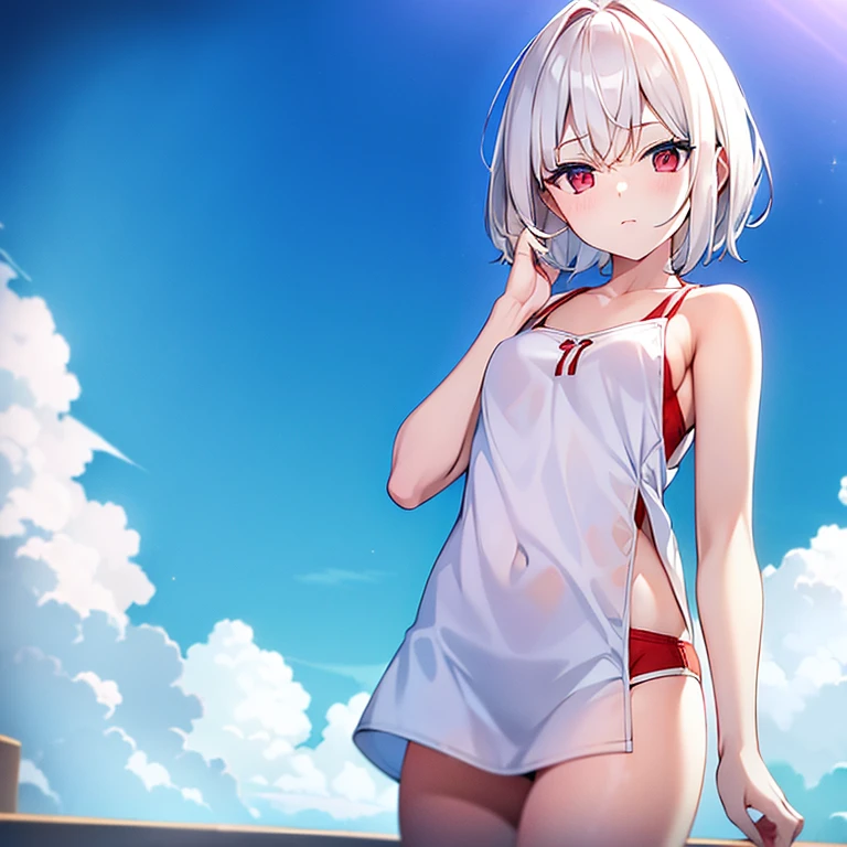 (white short hair)(red eyes)(sitting)(whole body)(Wear casual clothes)(Bath)(Undress)4K
