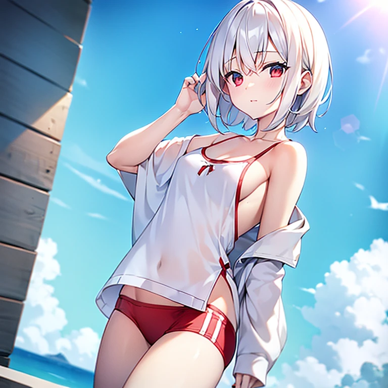 (white short hair)(red eyes)(sitting)(whole body)(Wear casual clothes)(Bath)(Undress)4K
