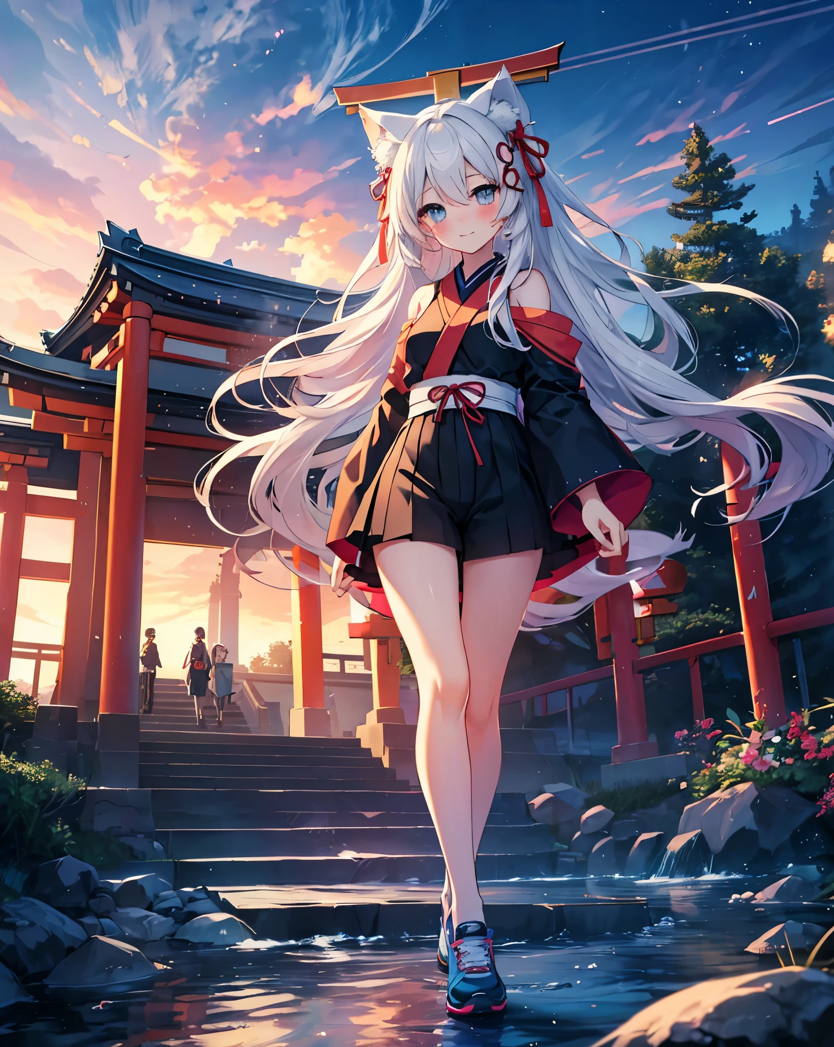 GENERAL DETAILS
(Highest quality, Masterpiece: 1.2), (Solo), 4K, 8k, hdr, ultra vibrant colors, detailed
cute shot
CHARACTER DESCRIPTION
1girl, cat ears, neko ears, fox tail. 
she's my girlfriend.
solo, gold_eyes, white_hair. 
smile, long_hair, hair_between_eyes, Cute smile, she's flirting, looking_at_viewer, she blush. 
Vivid pupils. 
A girl immersed in the world of anime High school description Noise.
CLOTHES 
bare shoulder,
ribbon on hair, Red Ribbon as necktie, black transparent black shirt, white shorts, red ribbon on hair, white nike sneakers with black details. 
AMBIENT
Japanese mountain, Red Torii, Blue sky, white clouds, hdr sky,(Anime coloring book sky), Heaven, cliff, mirage, meteorite, 1moon.
CORRECTION
easy hand pose
ACTION
She is Climbing the steps of Torii course To reach a Japanese temple surrounded by nature. 
She is walking in front of me, she has partially turned towards me to hold out her hand as we go up the temple stairs