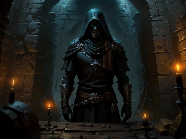 A classic scene of a Dungeon room, a cleric; stone walls with torches, wooden door., set within the forbidding confines of a dungeon lair. The scene evokes the feel of fantasy board games, adding a familiar air to the ominous setting. The image carries the grimdark aesthetic common to the Oldhammer era, exuding a spine-chilling, sinister aura. The art style features boldly brushed strokes and a muted palette, with a strong emphasis on dark, atmospheric elements, drawing parallels with the technique of oil painters from the early 20th century. Ideally, the scene would bear the traits of a detailed matte painting, boasting deep colors and intricate details, and would be designed in mind as a splash screen. Complementary colors create a visually pleasing balance, and the fantastical concept art should be suitable for an 8k resolution suitable for trending on an Artstation Unreal Engine display.