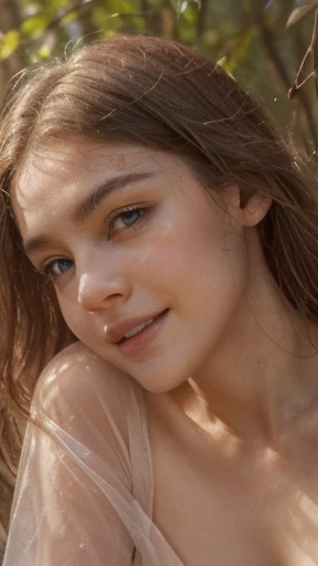 Beautiful girl, 15 years old, baby face, long blonde hair, analog style, skin texture, whole body visible, extremely accurate details, accurate and detailed blue eyes and full, voluptuous lips, very small breasts, in a beautiful forest, partially submerged in a pond. Fully nude, (masterpiece, best quality, high resolution:1.4), clear skin pore texture, UHD , Photography, film, cinematic, realistic, (8k, RAW photo, best quality, masterpiece:1.2), (realistic, photorealistic:1.33), best quality,