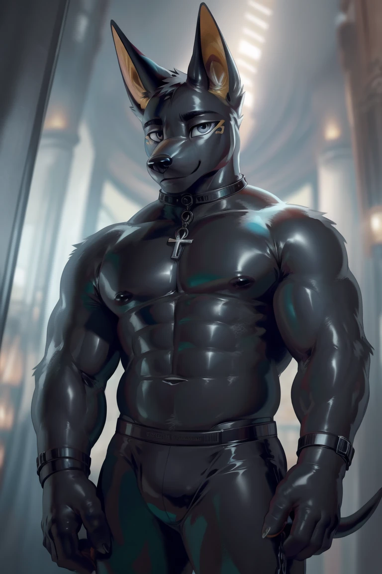 ((anubis,jackal,male furry)), white eyes, (pose:1.3), (posing:1.3), (soft shading), 4k, hi res, five fingers, detailed hands, ((detailed face, (detailed eyes:1.3), detailed)), (full body),(by takahirosi:1.5), solo, looking at viewer, 1boy, standing, full body, male focus,((topless,bottomless)), abs, biceps, flexing, smile,