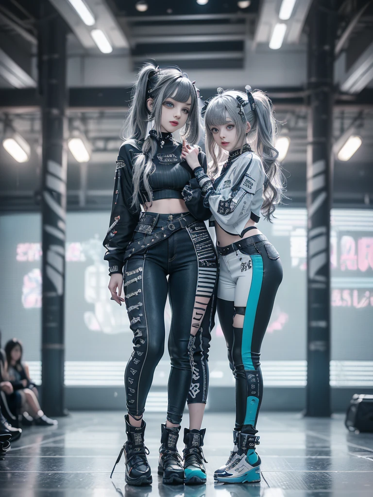 (Full Body View:1.2)、(Side view:1.1)、(Smiling with teeth showing:1.3),(Shibuya Gal:1.5)、(Neo-goth fashion:1.5)、(Punk rock visual kei:1.5)、(Wearing a rhythmic gymnastics bodysuit with intricate details:1.4)、(Complex white racing suit and pants, Denim and turquoise decor:1.5)、(Denim and light blue and white boots:1.3)、((belt))、(A number of subtle logos are featured throughout the costume々:1.4)、(collar:1.3)、(Striped underwear:1.5)、20-year-old、Browsing Caution、((Highest quality、In 8K、masterpiece:1.3))、Sharp focus:1.2、(Layered Cut、Huge boobs:1.1),Beautiful woman with perfect figure:1.4、(Dance vigorously:1.3)、Slim Abs:1.2、Highly detailed face and skin texture、Detailed eyes、double eyelid,(Twin tails:1.3)、(Dark silver hair:1.3)、Idol Sculpture、(The background is the stage for a fashion show:1.3)、(The body is slim:1.3),(Slimming your legs:1.4),（clavicle:1.1）、(Thin and slim thighs:1.3)