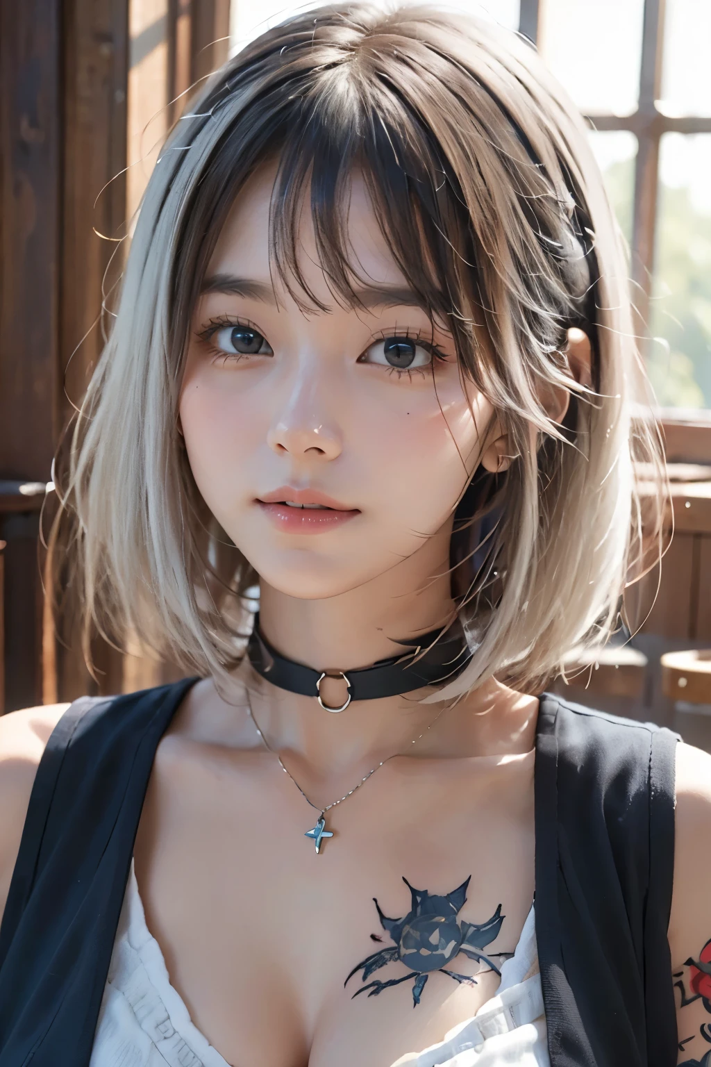 ((Close up of woman with tattoo on chest)), girl, ((short white hair with bangs, black hair)), purple eyes, white t-shirt and white cape, pendant worn around the neck. 超high resolution.realistic. 超high resolution.realistic:1.4,超high resolution. realistic,high resolutionで, masterpiece, best quality, very detailed, Better Shadows, volumetric lighting), super high quality, high resolution, 8k, 超realisticな肖像画 , realistic, dynamic lighting, volumetric lighting, very detailed顔,(NSFW:0.8),big bust
