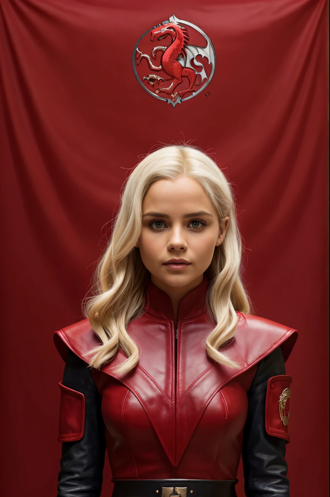 A red background with house Targaryen flag, platinum blonde hair, red leather dress, ((purple eyes)), [[victoria beckham]],[[kate beckinsale]],[[[emilia clarke]]] [Jenna Coleman] 