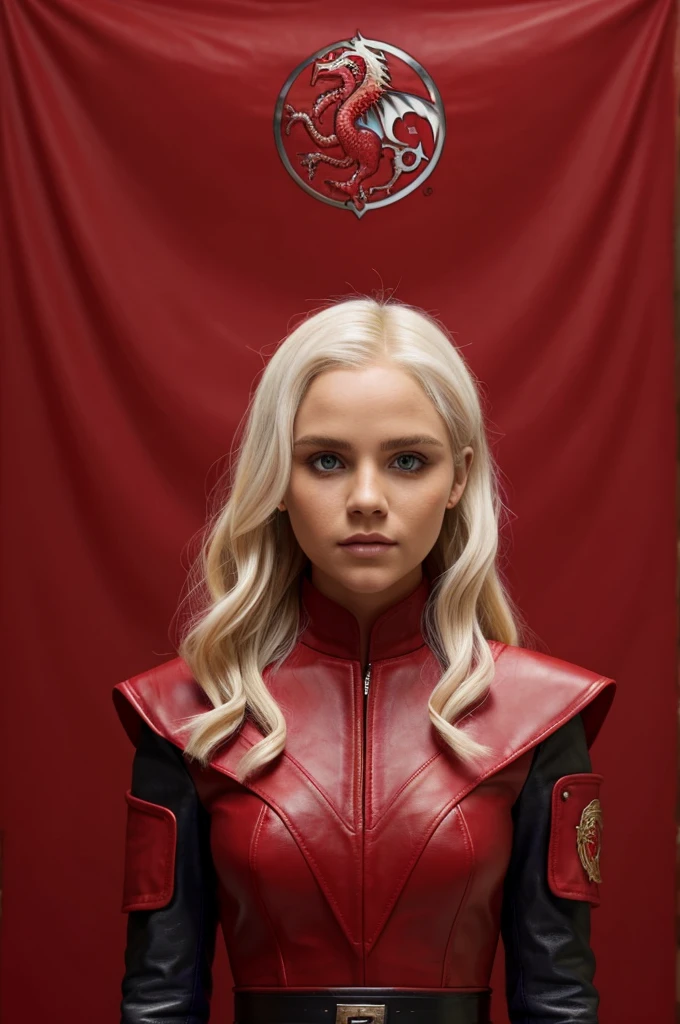 A red background with house Targaryen flag, platinum blonde hair, red leather dress, ((purple eyes)), [[victoria beckham]]