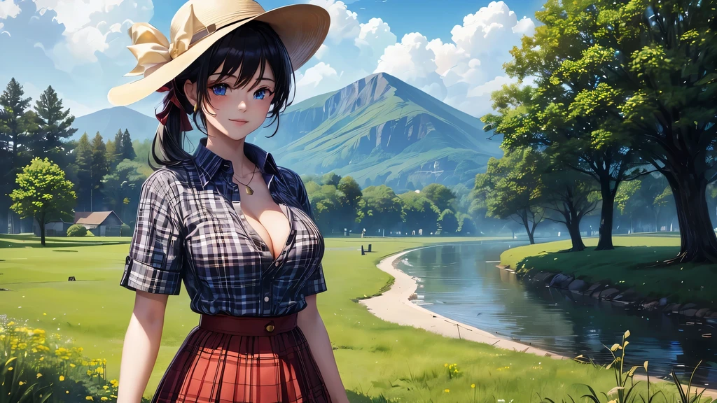 1girl, solo, rural landscape, village, trees, sun, clouds, fantasy, black hair, ponytail, large breasts, button down shirt, ((red checked shirt)), ((short sleeved shirt)), ((unbuttoned shirt)), popping buttons, unbuttoning buttons, cleavage 1:3, blue eyes, dark skirt, smile, looking at the viewer, standing, hair ribbon, golden necklate, elegant white hat