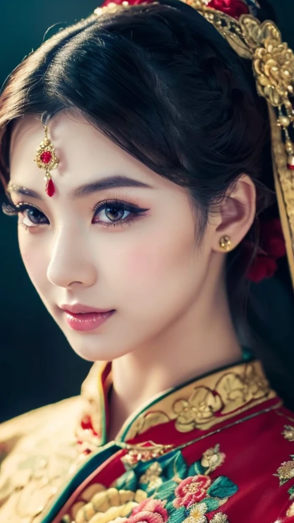 beautiful oriental girl, detailed face, beautiful detailed eyes, beautiful detailed lips, long eyelashes, elegant pose, (front body: 1.3)), traditional Asian dress, ornate floral background, intricate details, vibrant colours, cinematic lighting, (best quality,4k,8k,highres,masterpiece:1.2),ultra-detailed,(realistic,photorealistic,photorealistic,photorealistic:1.37)