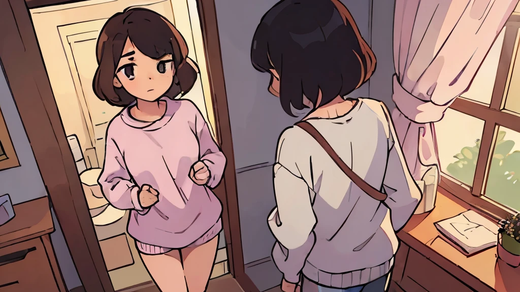 (best quality:0.8) perfect anime illustration, a pretty, frustrated face woman with short curly brown hair standing in front of the,mirror facing mirror wearing a sweater, panjama, full body. bedroom with window, morning