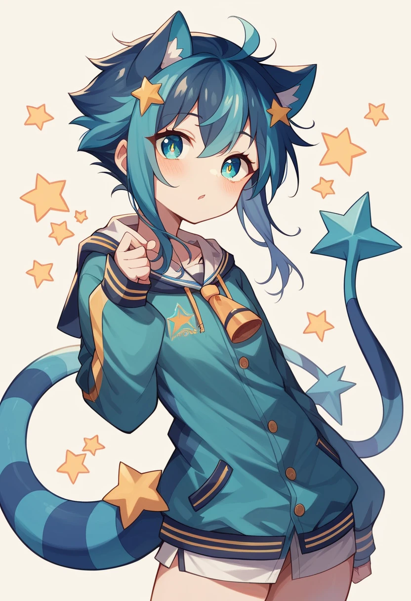 18-year-old female、Indigo Hair、Indigo eyes、Stars in my eyes、Side Tail、