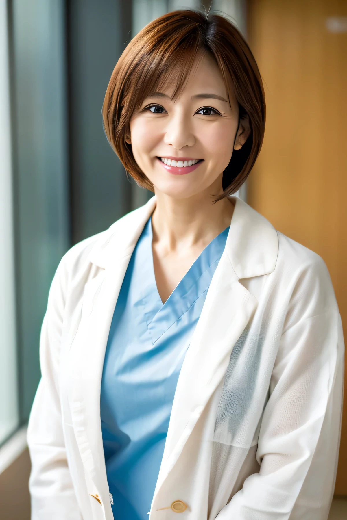 Photorealistic, high resolution, High resolution,Japan Beautiful Nurse, 44 years old, Mature Woman, Smile, White Lab Coat, whole body, hospital, ward