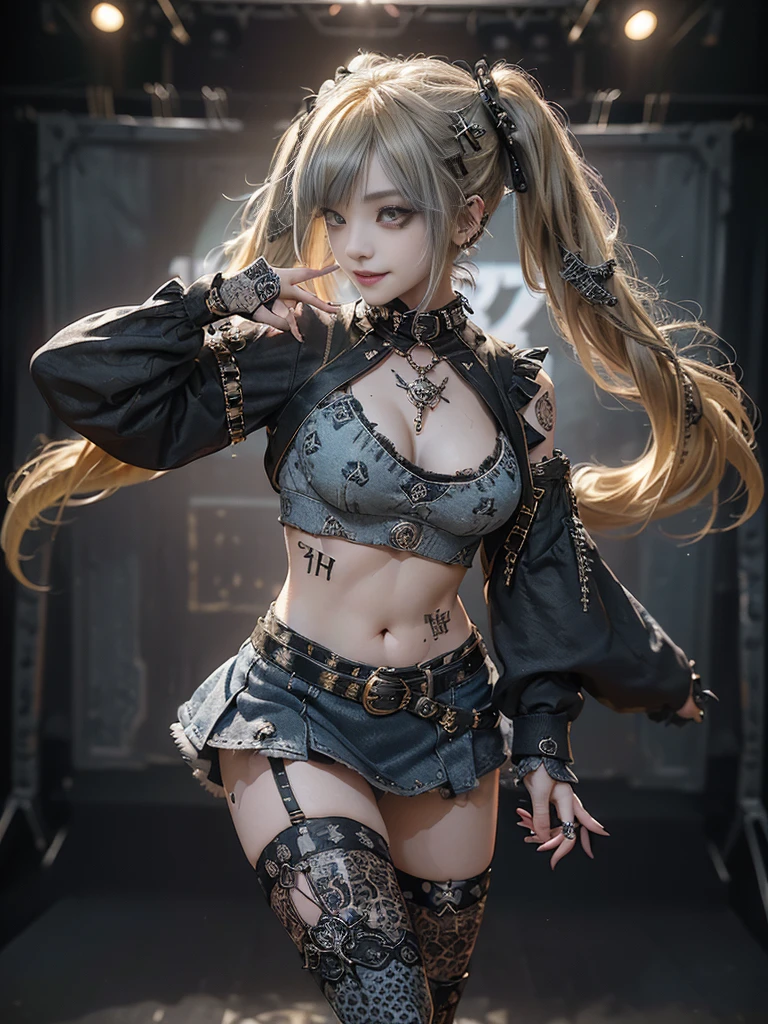 (Full Body View:1.2)、(Side view:1.1)、(Smiling with teeth showing:1.3),(Hollywood actress:1.5)、(Gothic ta style fashion:1.5)、(Punk RockVisual Kei:1.5)、(Wearing a sweater with intricate decoration:1.4)、(A mini skirt with delicate white, denim and charcoal embellishments.:1.5)、(Denim, light blue and leopard print boots:1.3)、((belt))、(Numerous intricate patterns all over the costume:1.4)、(collar:1.3)、(Leopard print underwear:1.5)、20-year-old、NSFW、((Highest quality、In 8K、masterpiece:1.3))、Sharp focus:1.2、(Layered Cut、Huge boobs:1.1),Beautiful woman with perfect figure:1.4、(Dancing vigorously:1.3)、Slender Abs:1.2、Highly detailed face and skin texture、Detailed eyes、double eyelid,(Twin tails:1.3)、(Golden Hair:1.3)、Gravure idol、(The background is the stage of the fashion show:1.3)、(Slim Body:1.3),(Make your legs thinner:1.4),(clavicle:1.1)