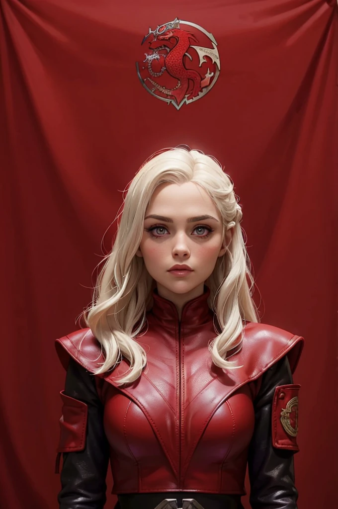 A red background with house Targaryen flag, platinum blonde hair, red leather dress, (purple eyes), [[victoria beckham]],[[kate beckinsale]],[[[emilia clarke]]] [Jenna Coleman] 