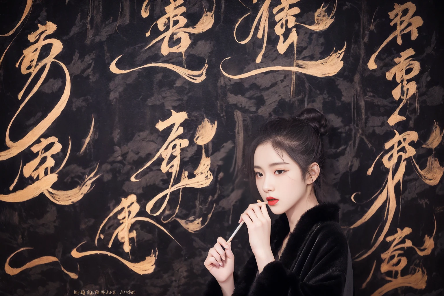 (calligraphy background:1.3),alone,1 girl,long hair,black hair,hair bun,Blurry background,Blurry,cursive,(Black overcoat:1.4),Hanfu,upper body,single hair bun,red lips,Hanfu,lips,parted lips,Chinese clothes,overcoat,slip,wind,I&#39;m thrilled,floating hair,(Portrait:1.2),, best quality , Masterpiece, illustration, Delicate and extremely beautiful, มีรายVery detailed ,CG,unity,8K wallpaper, miraculous, exquisite details, Masterpiece, best quality,official art,มีรายVery detailed CG unity 8K wallpaper,nonsense, incredibly nonsense, large file size , Very detailed, height, มีรายVery detailed,Beautiful girl with details, มีรายVery detailed eyes and face, Beautifully detailed eyes,light on face,