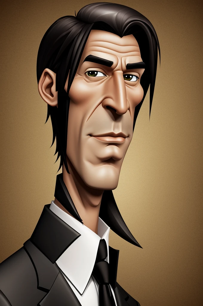 Generate a caricature with these characteristics: tall, lean, dark, long-nosed