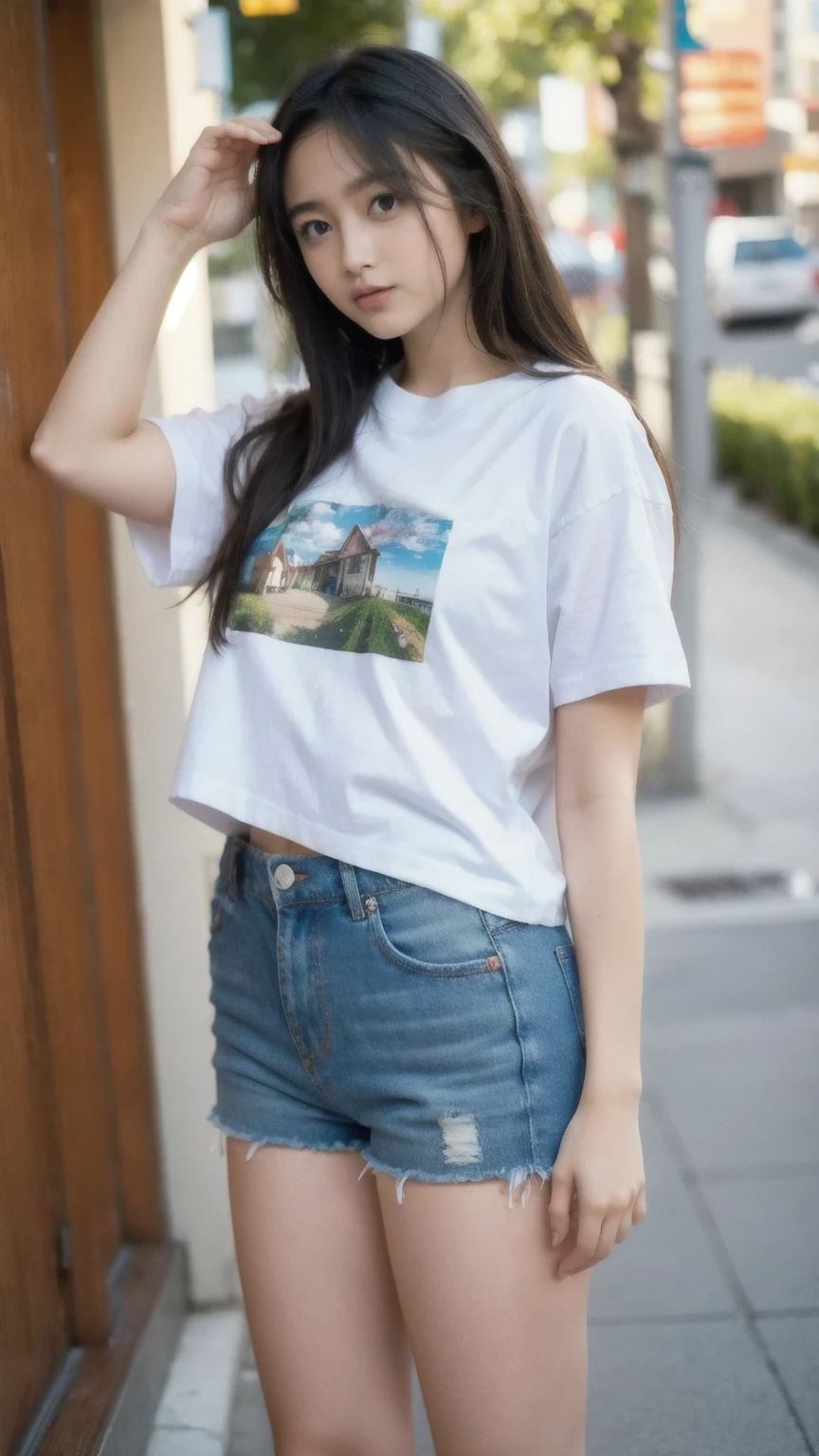 (8k, RAW Photo, Best Quality, Masterpiece:1.3),(Real,Photo:1.37),(Looking at Viewers:1.331),(Black Hair),Pose,Beachfront,Morning View,Sunrise,Clear Sky,1Girl,Very Beautiful Face,Small,Put Your Hands Down,Pony Hairstyle,Weight Hair,Fluffy Hair,Shoulder Length,Straight Hair,Random Expression,Smile at the Corner of Mouth,Big Eyes,(T-shirt,Round Collar,Short Sleeves,Opaque Color,Shirt Color),(Wearing underwear),mix4,No Hair Accessories,Best Quality Hair