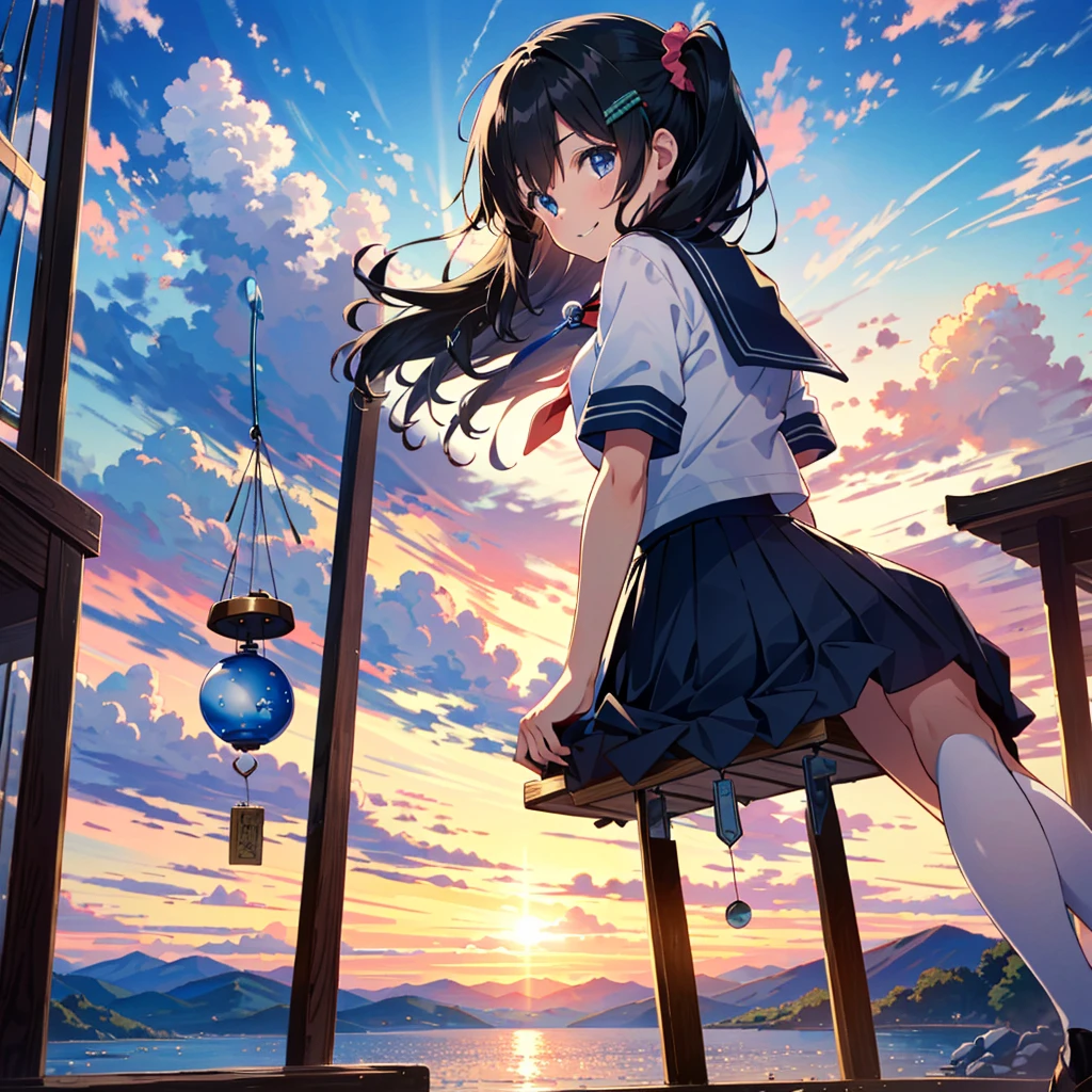 [Waiani-NSFW-PoniXL:100],
Score_9, Score_8_up, Score_7_up, Score_6_up, Score_5_up, Score_4_up, Masterpiece, Best Quality, Source Anime, Shiodare,

Rating safety,

From behind (Buckshot: 1.2), from below,
1girl, solo, sitting, smiling,
Japanese-style room, summer (wind chime hanging: 1.5),
Blue sky, mountains, sunlight, cumulonimbus clouds,
break
15 years old, , (black hair), wavy hair, (hair between the eyes: 0.7), (light blue scrunchie: 1.0), (small breasts: 1.2), light blue eyes, sagging hair,

BREAK Serafuku, white shirt, white sleeves, short sleeves, sleeve line, navy blue sailor collar, light blue neckerchief,

BREAK (Navy Skirt), (Pleated Skirt, Mini Skirt: 1.0),