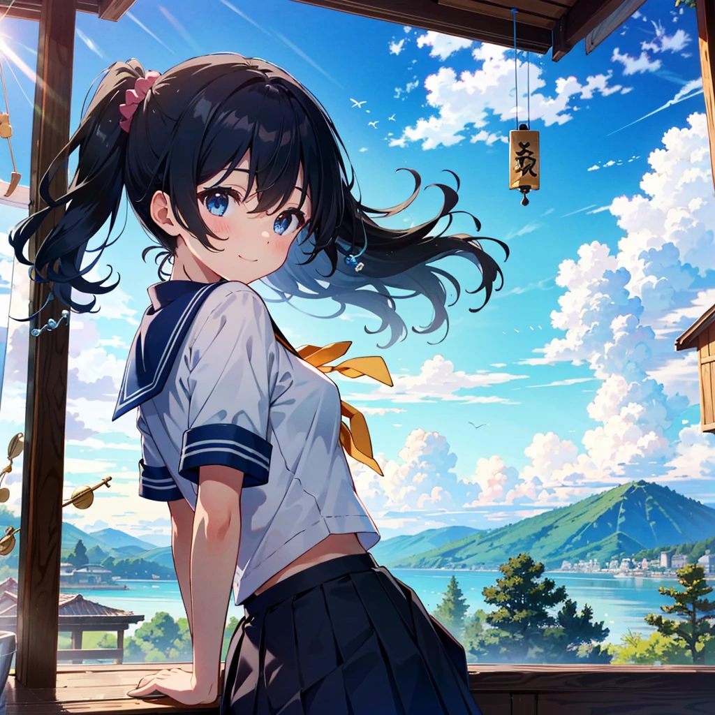 [Waiani--PoniXL:100],
Score_9, Score_8_up, Score_7_up, Score_6_up, Score_5_up, Score_4_up, Masterpiece, Best Quality, Source Anime, Shiodare,

Rating safety,

From behind (Buckshot: 1.2), from below,
1girl, solo, sitting, smiling,
Japanese-style room, summer (wind chime hanging: 1.5),
Blue sky, mountains, sunlight, cumuimbus clouds,
break
15 yearack hair), wavy hair, (hair between the eyes: 0, (light blue scrunchie: 1.0), (small breasts: 1.2), light bs, sagging hair,

BREAK Serafuku, white shirt, white sleeves, short sleeves, sleeve line, navy blue sailor collar, light blue neckerchief,

BREAK (Navy Skirt), (Pleated Skirt, Mini Skirt: 1.0),