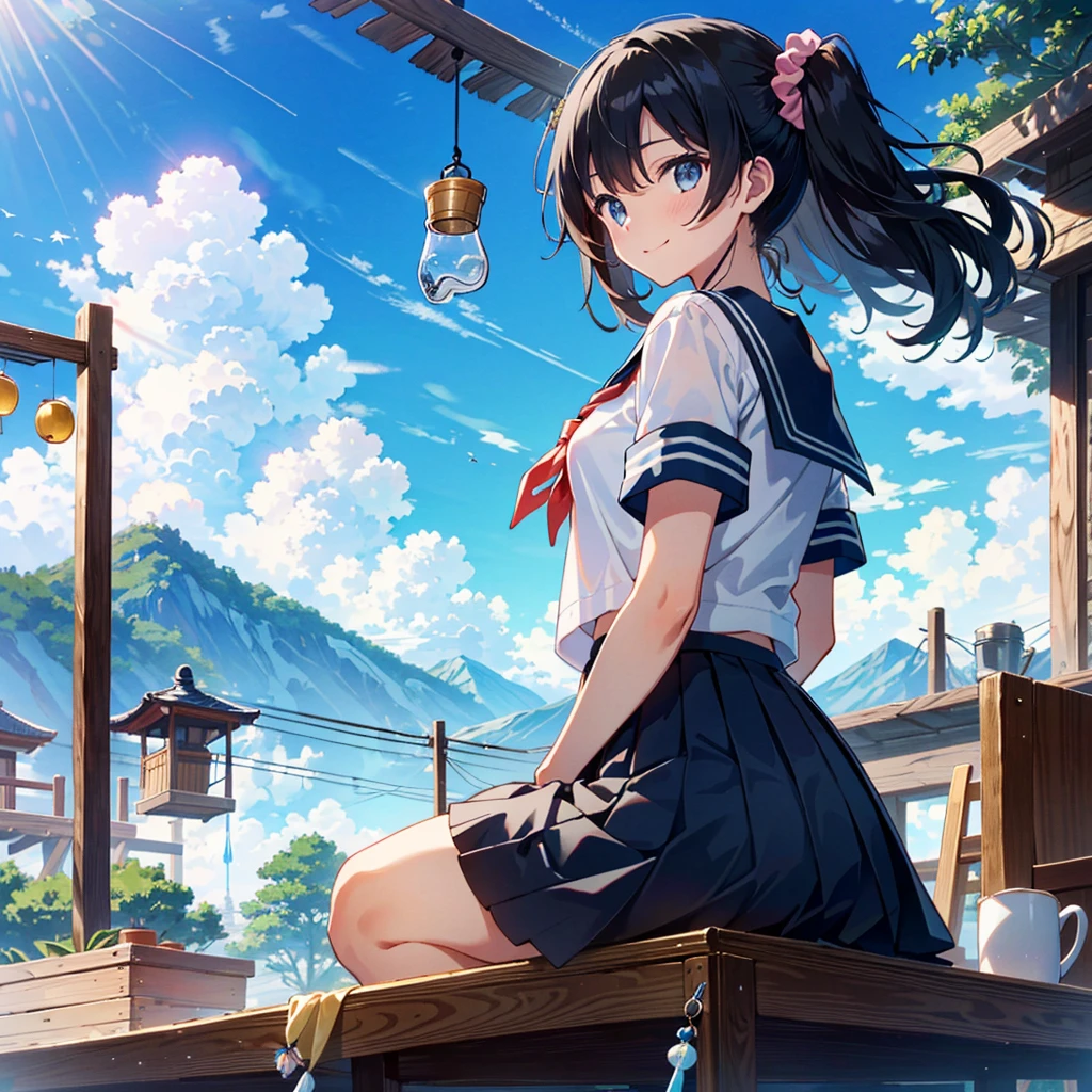 [Waiani-NSFW-PoniXL:100],
Score_9, Score_8_up, Score_7_up, Score_6_up, Score_5_up, Score_4_up, Masterpiece, Best Quality, Source Anime, Shiodare,

Rating safety,

From behind (Buckshot: 1.2), from below,
1girl, solo, sitting, smiling,
Japanese-style room, summer (wind chime hanging: 1.5),
Blue sky, mountains, sunlight, cumulonimbus clouds,
break
15 years old, , (black hair), wavy hair, (hair between the eyes: 0.7), (light blue scrunchie: 1.0), (small breasts: 1.2), light blue eyes, sagging hair,

BREAK Serafuku, white shirt, white sleeves, short sleeves, sleeve line, navy blue sailor collar, light blue neckerchief,

BREAK (Navy Skirt), (Pleated Skirt, Mini Skirt: 1.0),