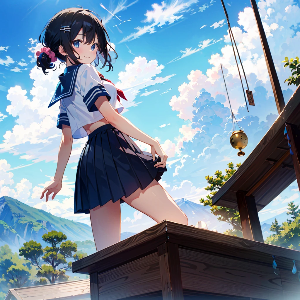 [Waiani-NSFW-PoniXL:100],
Score_9, Score_8_up, Score_7_up, Score_6_up, Score_5_up, Score_4_up, Masterpiece, Best Quality, Source Anime, Shiodare,

Rating safety,

From behind (Buckshot: 1.2), from below,
1girl, solo, sitting, smiling,
Japanese-style room, summer (wind chime hanging: 1.5),
Blue sky, mountains, sunlight, cumulonimbus clouds,
break
15 years old, , (black hair), wavy hair, (hair between the eyes: 0.7), (light blue scrunchie: 1.0), (small breasts: 1.2), light blue eyes, sagging hair,

BREAK Serafuku, white shirt, white sleeves, short sleeves, sleeve line, navy blue sailor collar, light blue neckerchief,

BREAK (Navy Skirt), (Pleated Skirt, Mini Skirt: 1.0),