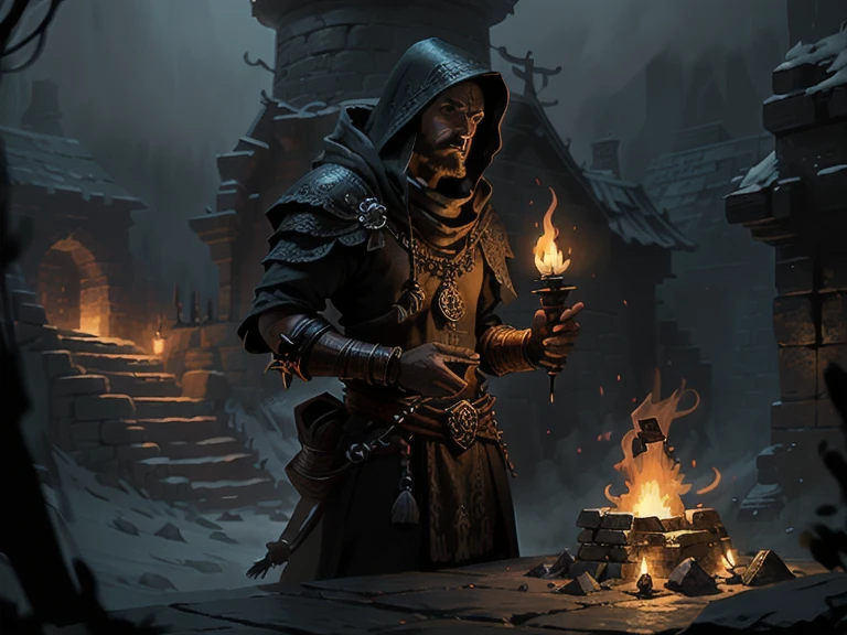  A classic scene of a Dungeon room, a warrior; stone walls with torches, wooden door., set within the forbidding confines of a dungeon lair. The scene evokes the feel of fantasy board games, adding a familiar air to the ominous setting. The image carries the grimdark aesthetic common to the Oldhammer era, exuding a spine-chilling, sinister aura. The art style features boldly brushed strokes and a muted palette, with a strong emphasis on dark, atmospheric elements, drawing parallels with the technique of oil painters from the early 20th century. Ideally, the scene would bear the traits of a detailed matte painting, boasting deep colors and intricate details, and would be designed in mind as a splash screen. Complementary colors create a visually pleasing balance, and the fantastical concept art should be suitable for an 8k resolution suitable for trending on an Artstation Unreal Engine display.