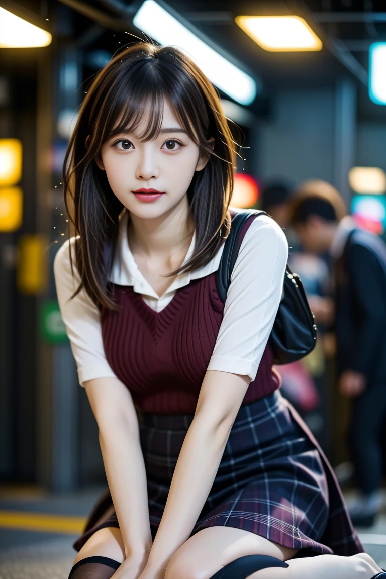 "(RAW Photos:1.4), (photoRealistic:1.3),(masterpiece), Highest quality, Highest quality, Very detailed CG unity 8k wallpaper, Detailed and sophisticated, original,High resolution,
\\
One girl,alone,(16yo),Very detailed_eye, nail,Medium chest,(eyeliner:0.5),(blush:0.5),Black Hair,Long Hair,Hair Clip, View Viewer,Browsing Caution,
\\
high school,student,, Sailor collar,Bobby Socks,school bag,skirt, Plaid, Plaid skirt,Raise your knees,Sitting,
\\
street, Subway Station, Shop Boundaries, akihabara \(Tokyo\), Shibuya Ward \(Tokyo\), Shinjuku \(Tokyo\),
\\
Beautifully detailed backgrounds,Depth of written boundary,change:0.1,Realistic:1.3,(Zhou Haoguang:1),(Neon Light:0.1),(High resolution:1),(Studio Lighting:1.5),(Panty shot:1.2),From below,whole body,"