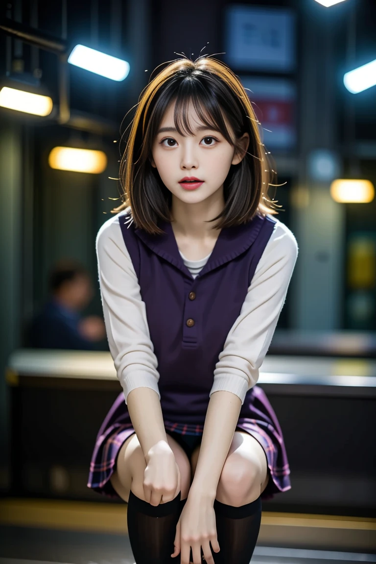 "(RAW Photos:1.4), (photoRealistic:1.3),(masterpiece), Highest quality, Highest quality, Very detailed CG unity 8k wallpaper, Detailed and sophisticated, original,High resolution,
\\
One girl,alone,(16yo),Very detailed_eye, nail,Medium chest,(eyeliner:0.5),(blush:0.5),Black Hair,Long Hair,Hair Clip, View Viewer,Browsing Caution,
\\
high school,student,, Sailor collar,Bobby Socks,school bag,skirt, Plaid, Plaid skirt,Raise your knees,Sitting,
\\
street, Subway Station, Shop Boundaries, akihabara \(Tokyo\), Shibuya Ward \(Tokyo\), Shinjuku \(Tokyo\),
\\
Beautifully detailed backgrounds,Depth of written boundary,change:0.1,Realistic:1.3,(Zhou Haoguang:1),(Neon Light:0.1),(High resolution:1),(Studio Lighting:1.5),(Panty shot:1.2),From below,whole body,"