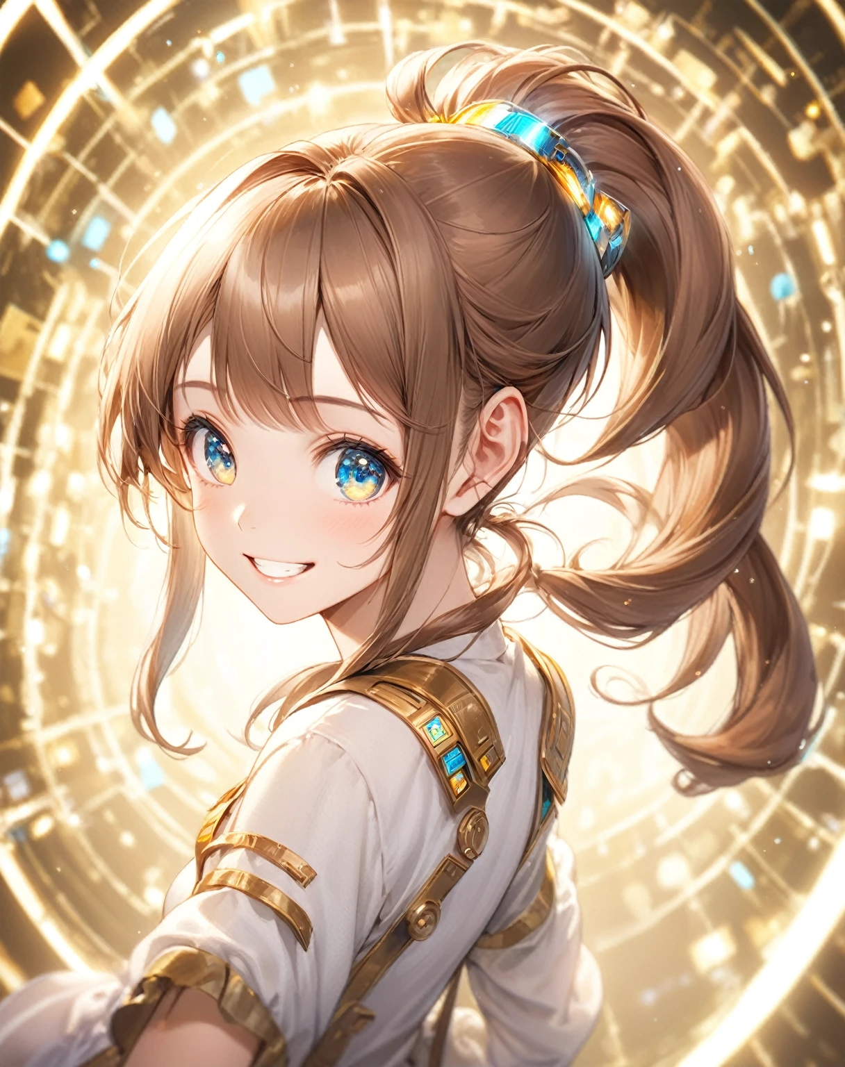 (Highest quality,8k,32K,masterpiece,Ultra-high resolution :1.2 ),born,One girl,Super cute,Natural light,Clear, shining eyes,20-year-old,Fair skin,An innocent smile,Electronic world fantasy background,Grin,Brown Hair，ponytail